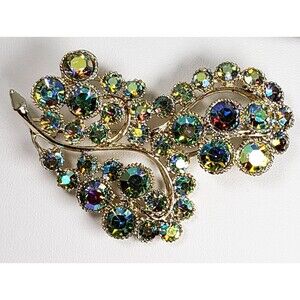 Vintage 1950's Aurora Borealis Iridescent Blues, Greens, Purples Crystal Brooch